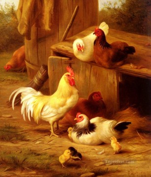 鶏とひよこの家禽家畜小屋 エドガー・ハント Oil Paintings